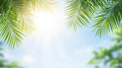 Fototapeta premium Tropical paradise, palm leaves swaying against a clear blue sky lush