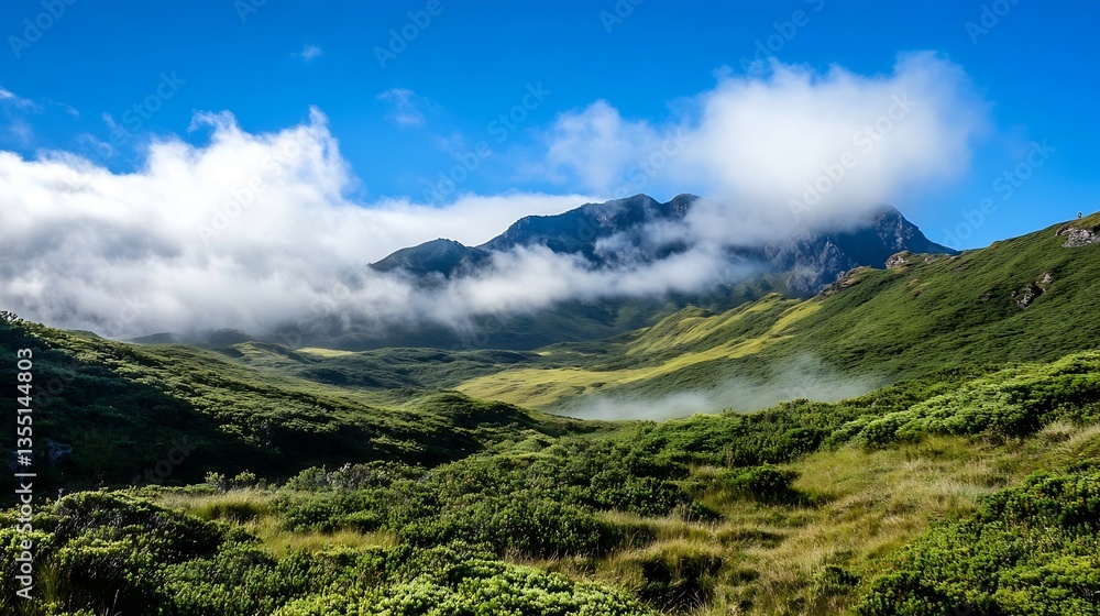 Poster stunning landscape view showcasing rolling hills and a majestic mountain range under a bright sky : 