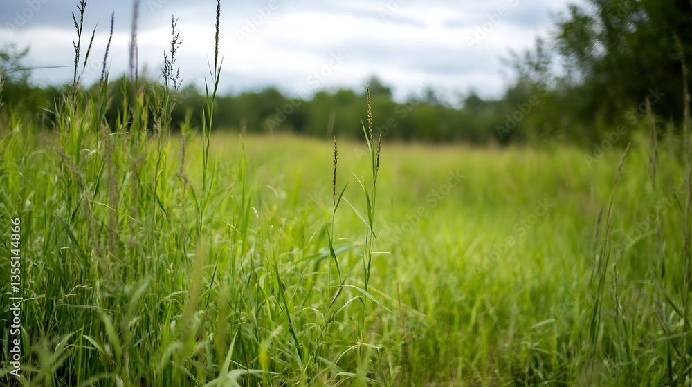 Poster lush green meadow with tall grass gently swaying under a calm cloudy sky : generative ai