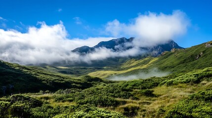 Fototapeta premium Stunning landscape view showcasing rolling hills and a majestic mountain range under a bright sky : Generative AI