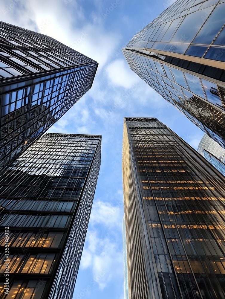 Poster modern skyscrapers towering into the blue sky with reflections of clouds : generative ai