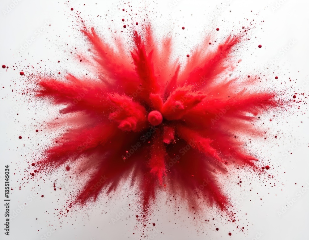 Poster Red color powder explosion on white background. Dynamic graphic design element, perfect as background for ads, banners, websites. Bright, vibrant, colorful illustration. Smoke, dust, paint, splatter,
