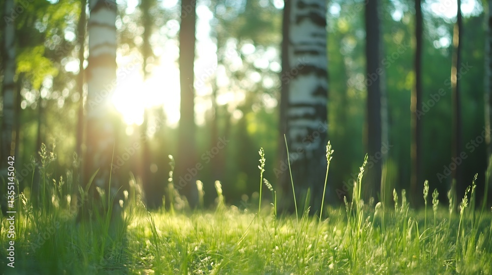 Poster sunlight filtering through trees in a peaceful forest setting with lush greenery : generative ai