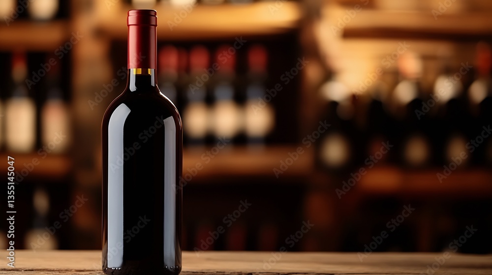 Aufkleber a bottle of red wine on a wooden table with a blurred background showcasing other wine bottles : gen