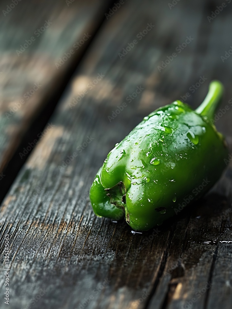 Aufkleber fresh green jalapeno pepper with water droplets resting on a rustic wooden table : generative ai