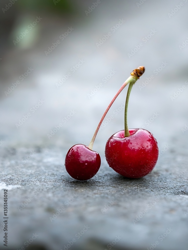 Poster close up of two juicy red cherries with a natural cherry stem in refreshing composition : generative