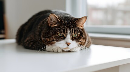 Relaxed Tabby Cat Lying on a White Surface While Gazing Out of a Window in a Cozy Interior Setting