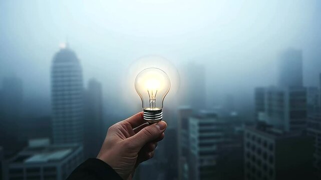 A person&rsquo;s hand holding a bright light bulb, standing against a foggy cityscape where only the glowing bulb pierces through the mist, representing clarity in business funding strat
