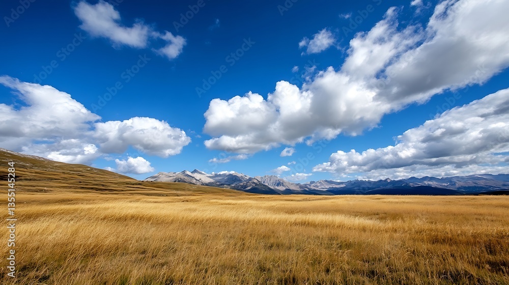 Poster breathtaking landscape of golden grass fields under a blue sky with clouds : generative ai