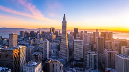 Fototapeta premium Breathtaking Aerial View of San Francisco Skyline during a Colorful Sunset over the Bay : Generative AI