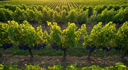 Vineyard Sunset Landscape - Rows of grapevines bathed in the golden light of sunset, ripe grapes hanging heavy on the vines. A picturesque vineyard scene