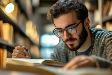 Man with glasses reading a book in a library setting