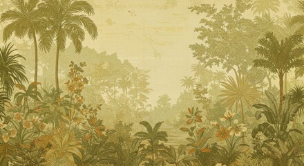 Vintage Jungle Landscape Wallpaper - Lush vintage jungle scene, evoking tranquility, exoticism, faded elegance, natural beauty, and timeless appeal