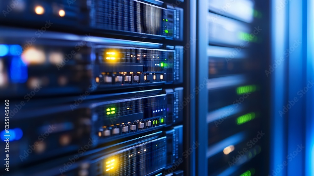 Fototapete Hightech server racks with glowing indicators showcasing modern data storage technologies : Generative AI