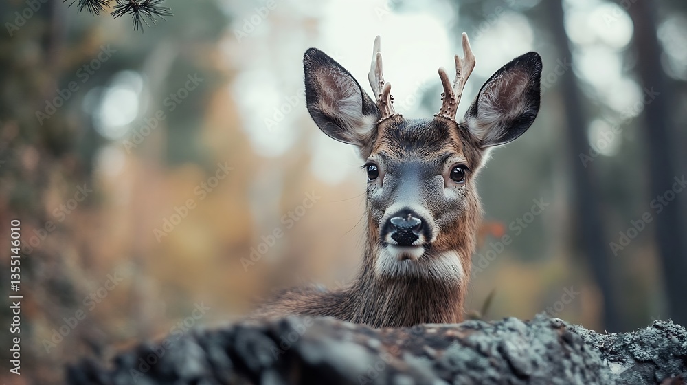 Poster close up portrait of a curious young deer looking at the camera with a beautiful forest background a