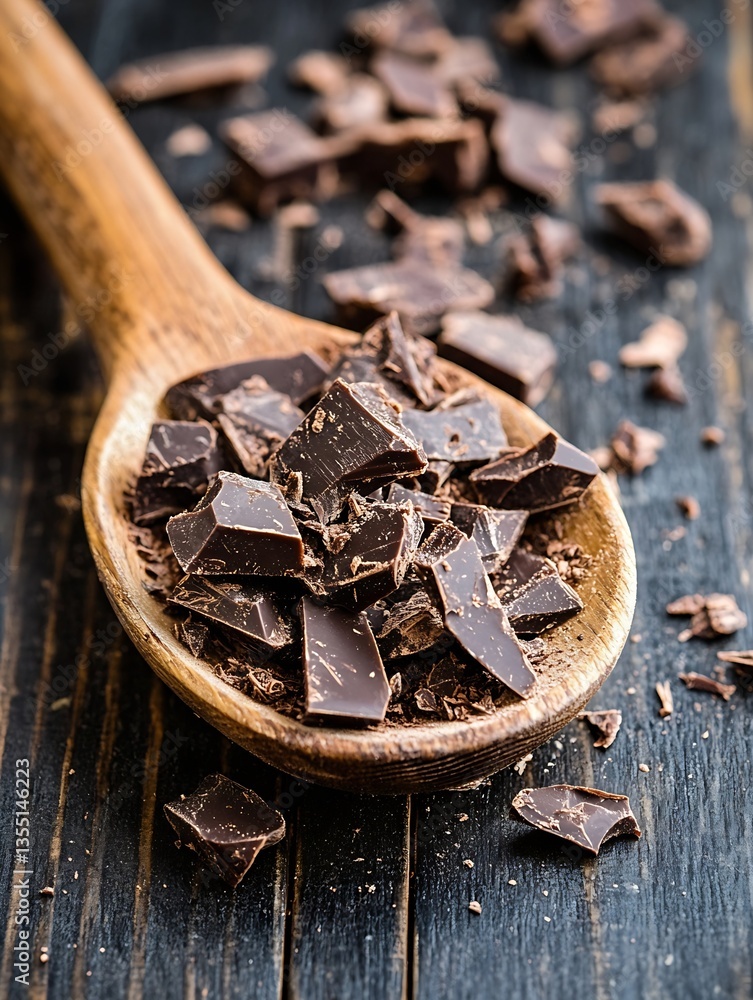 Poster delicious dark chocolate chunks on a wooden spoon against a rustic background : generative ai