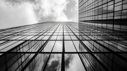 Modern Architectural Marvel with Reflective Glass Building Against Dramatic Sky : Generative AI