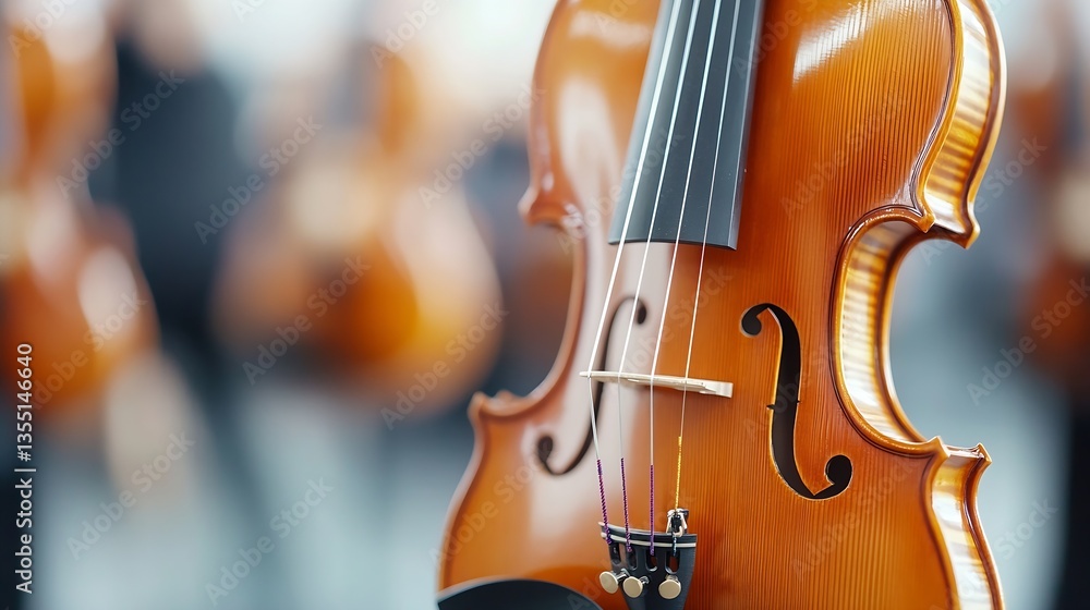 Aufkleber close up of a beautiful wooden violin showcasing its craftsmanship and elegant design with blurred b