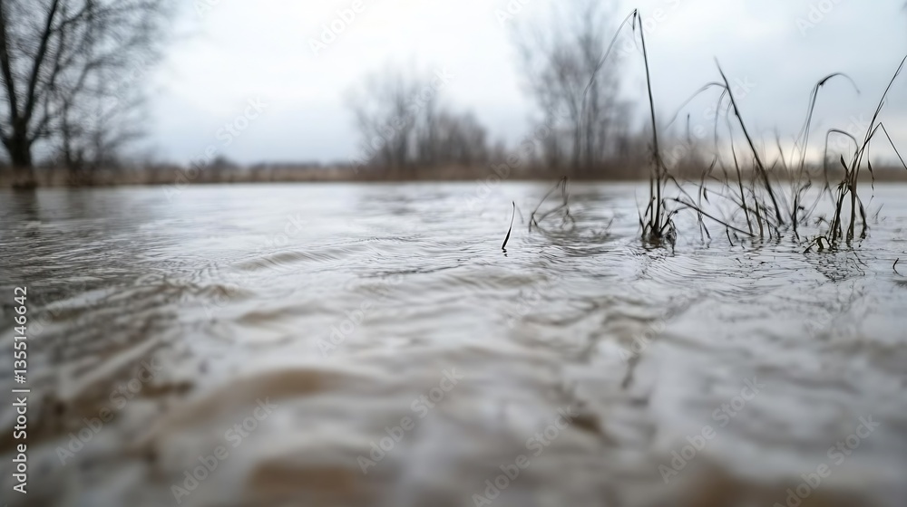 Poster flooded landscape with tall grass and trees under overcast sky : generative ai