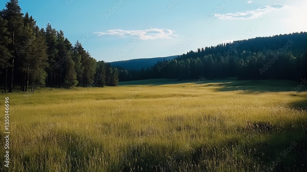 Poster serene golden grass field surrounded by trees and mountains under a bright sky in a peaceful landsca