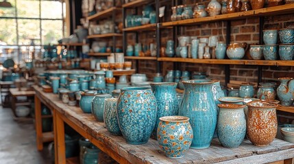 Fototapeta premium Artisan pottery display in a shop