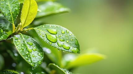 Fototapeta premium Dewy green leaves, close-up, garden, nature backdrop, eco
