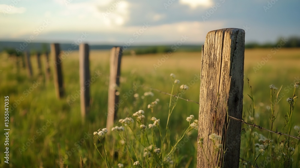 Poster beautiful landscape image of wooden fence posts in a grassy field against a backdrop of cloudy sky :