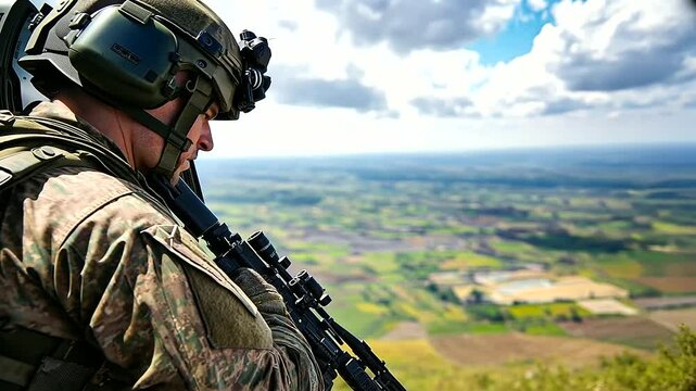 A soldier in combat gear leans against the helicopter&rsquo;s frame, rifle in hand, as they focus on the shifting landscape below, the border fence just visible in the distance.