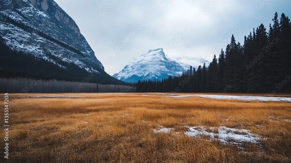 Poster stunning view of bare trees and snowcovered mountains in a tranquil valley during winter season : ge