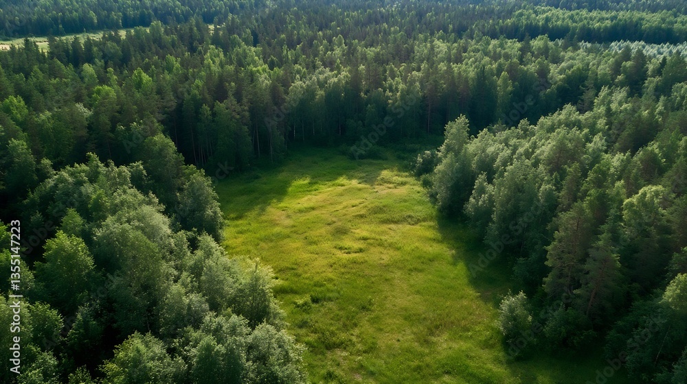 Poster aerial view of a peaceful green forest surrounded by lush trees and open fields in natural sunlight 