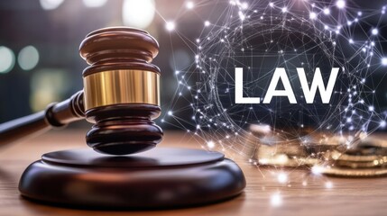 Gavel on Table with Law Text and Abstract Network Background for Legal Concept and Justice Themes