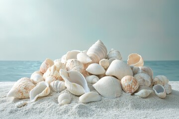 Fototapeta premium A pile of various seashells rests on a sandy beach against a tranquil ocean backdrop.