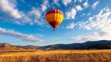 Obraz premium Colorful hot air balloon floating in the clear blue sky over golden fields landscape creating a vibrant scene : Generative AI