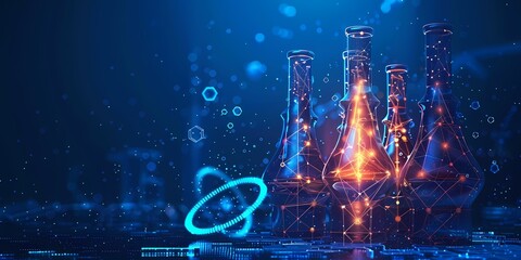 Science Erlenmeyer Flasks and Atom Model in Futuristic Network Setting