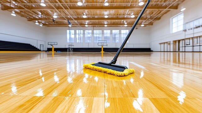 Cleaning Equipment on Glossy Basketball Court in Sport Facility with Bright Lights and Empty Seating Area