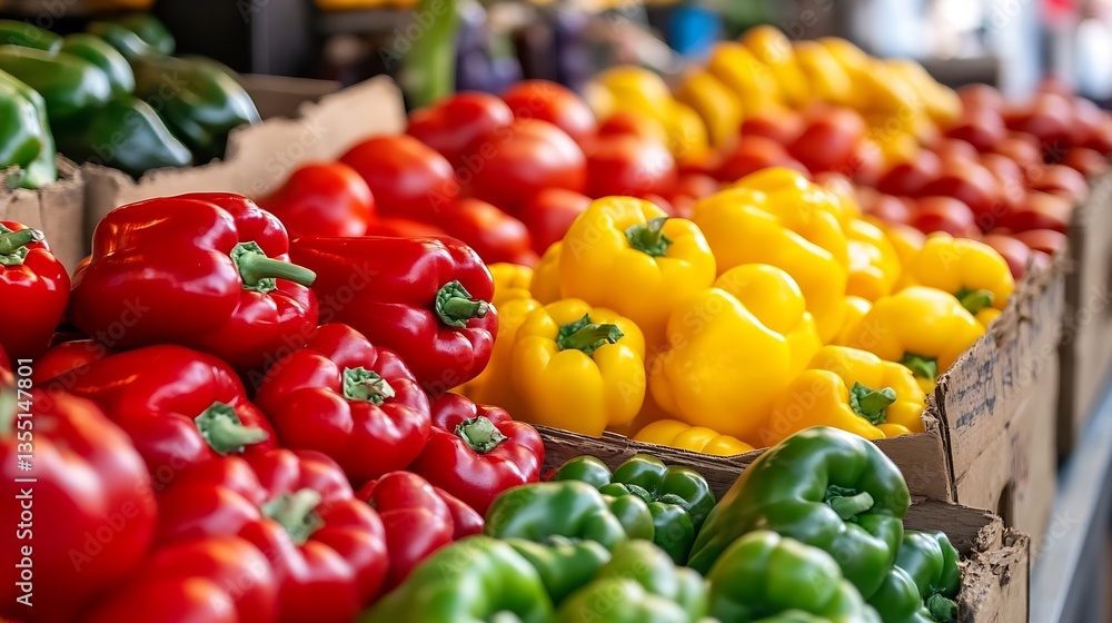 Aufkleber vibrant and fresh bell peppers in a colorful display at a local market : generative ai