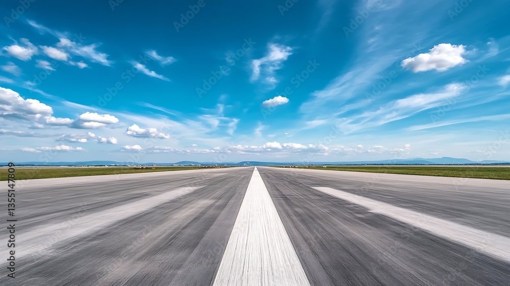 Poster A picturesque view of a wide open runway under a blue sky with fluffy white clouds : Generative AI