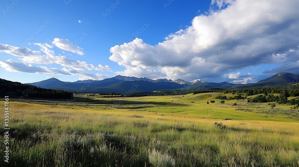 Poster vast green field under a bright blue sky with mountains and fluffy clouds in the background : genera