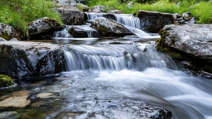 Obraz premium Tranquil creek cascading over rocks creating a serene atmosphere in nature's embrace : Generative AI