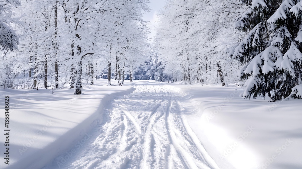 Poster snowcovered pathway winding through a tranquil winter forest blanketed in white snow and reflections