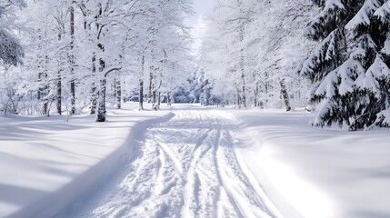 Snowcovered pathway winding through a tranquil winter forest blanketed in white snow and reflections : Generative AI