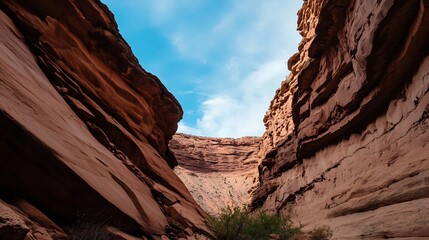 Breathtaking view of towering rock formations under a bright blue sky showcasing nature's raw beauty : Generative AI
