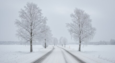 Fototapeta premium Winter Road Through Snowy Landscape - Serene winter scene of a snow-covered road winding through a field, with snow-laden trees lining the path