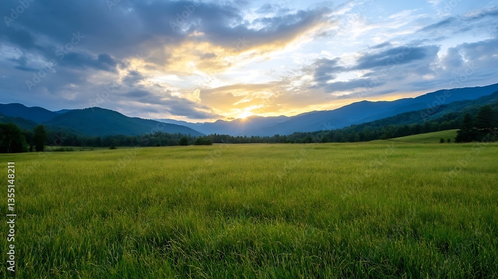Poster golden fields of grass bathed in sunset light with a mountain backdrop : generative ai