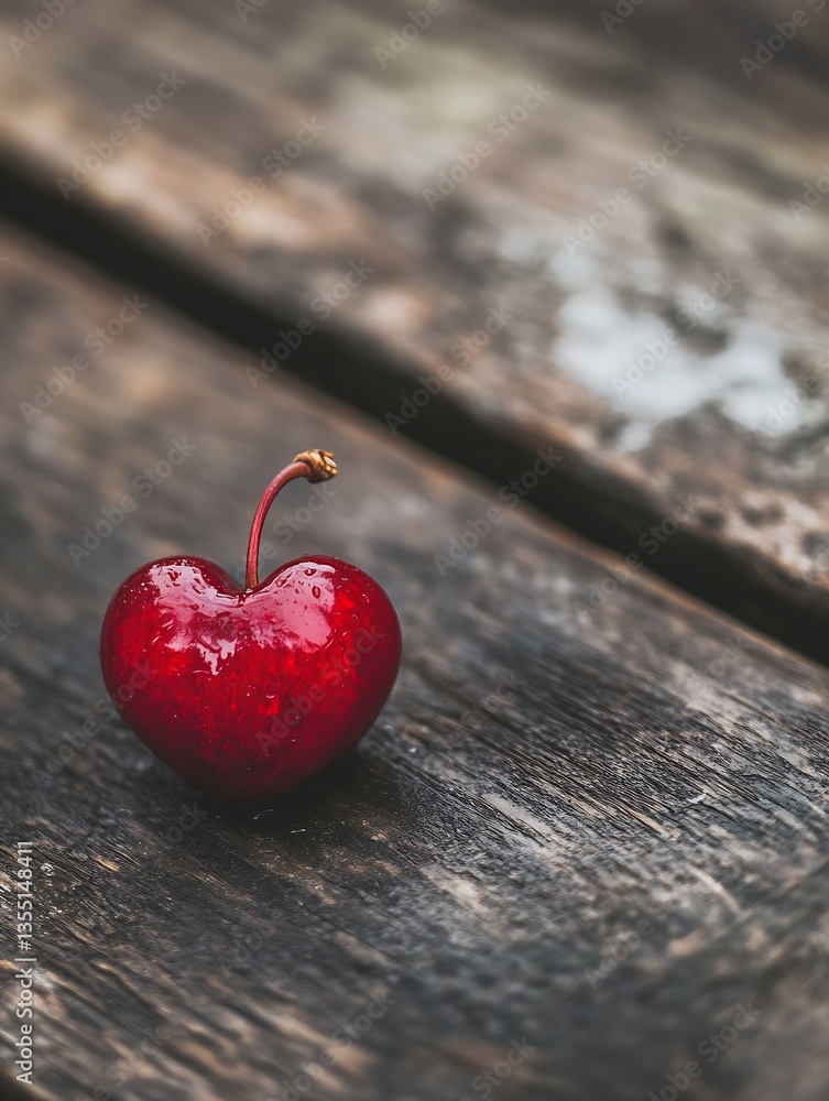 Aufkleber single heartshaped cherry resting on rustic wooden texture capturing the essence of fresh and vibran