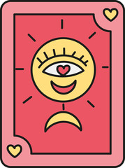 boho groovy easter Colorful tarot card featuring an eye and a smiling sun design. in doodle color line style
