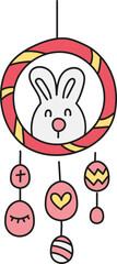 boho groovy easter Bunny-themed decorative hanging with colorful eggs. in doodle color line style