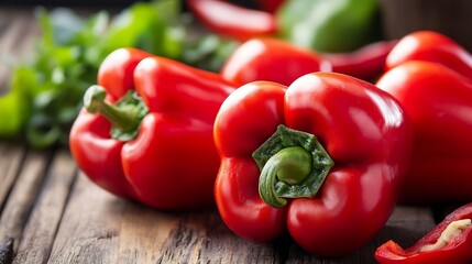 Vibrant red bell peppers arranged on a wooden surface with fresh herbs and green vegetables : Generative AI