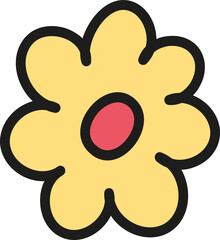 boho groovy easter Yellow flower illustration with a red center on a white background. in doodle color line style