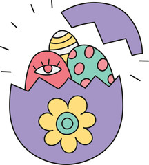 boho groovy easter Colorful eggs in a decorated Easter egg shell illustration. in doodle color line style